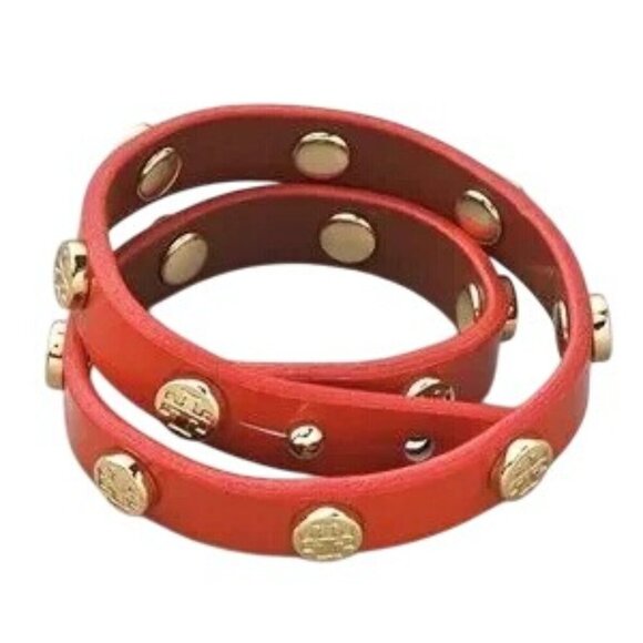 Tory Burch Red Leather Logo Wrap Around Bracelet - Picture 2 of 4